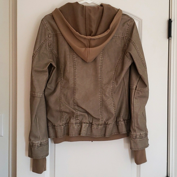 Made By Johnny MBJ • Womens Khaki Leather Motorcycle Jacket with Hoodie • Size S - Picture 2 of 5